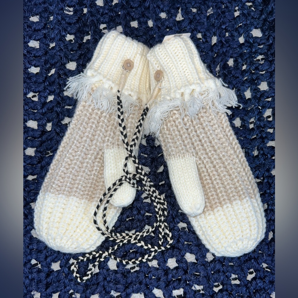 Anthropologie Ivory / Cream Knit Mittens with button on tether / strap
